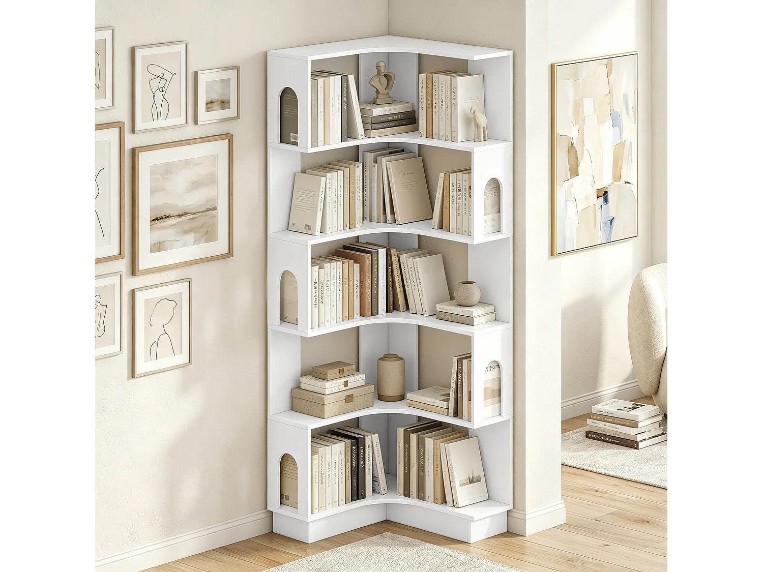 Bibliothèque d'angle design pans latéraux arches 6 niveaux blanc