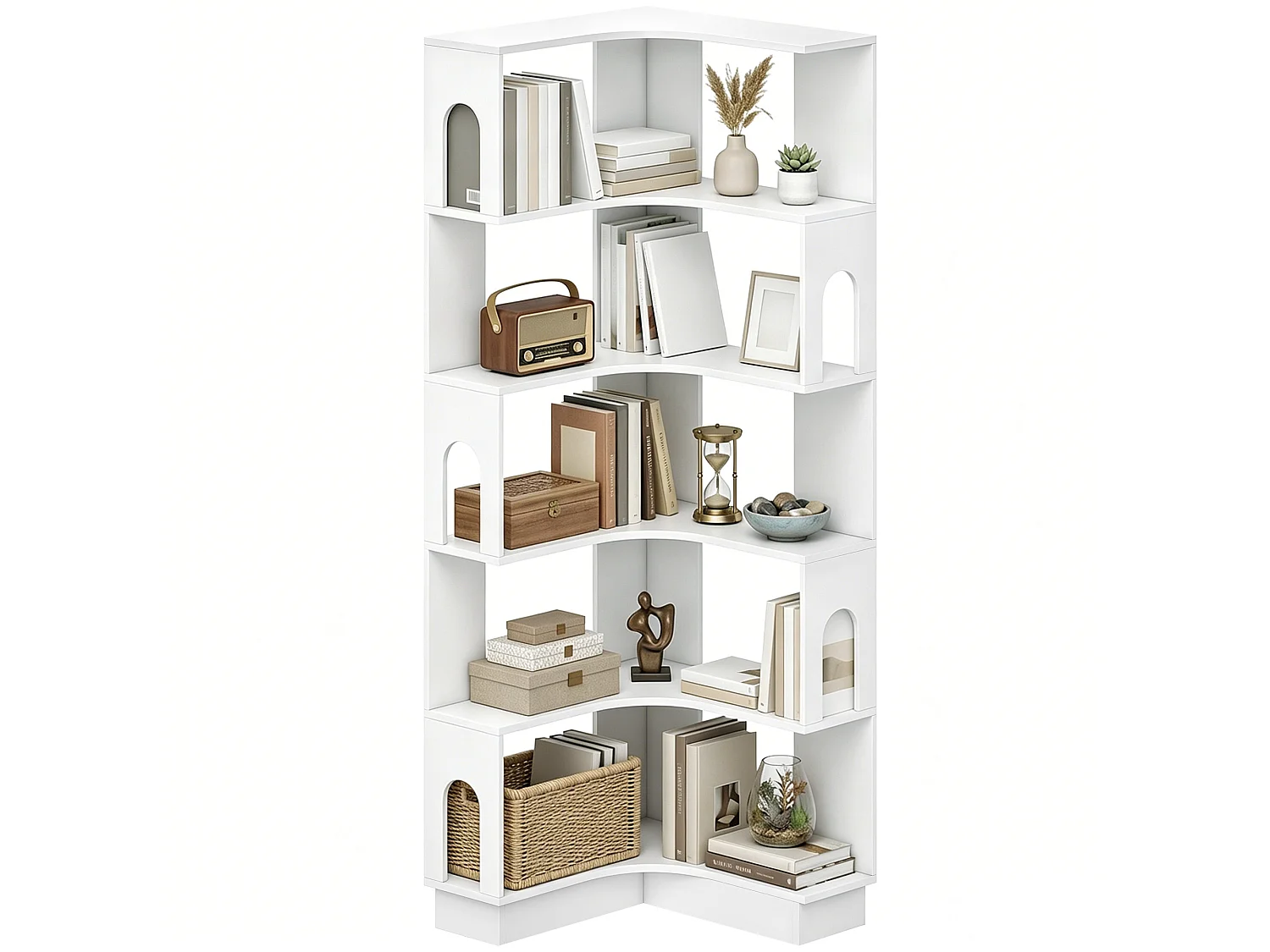 Bibliothèque d'angle design pans latéraux arches 6 niveaux blanc