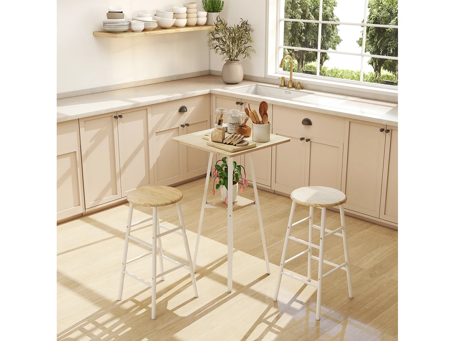 Table de bar carrée pour 2 personnes métal naturel et blanc