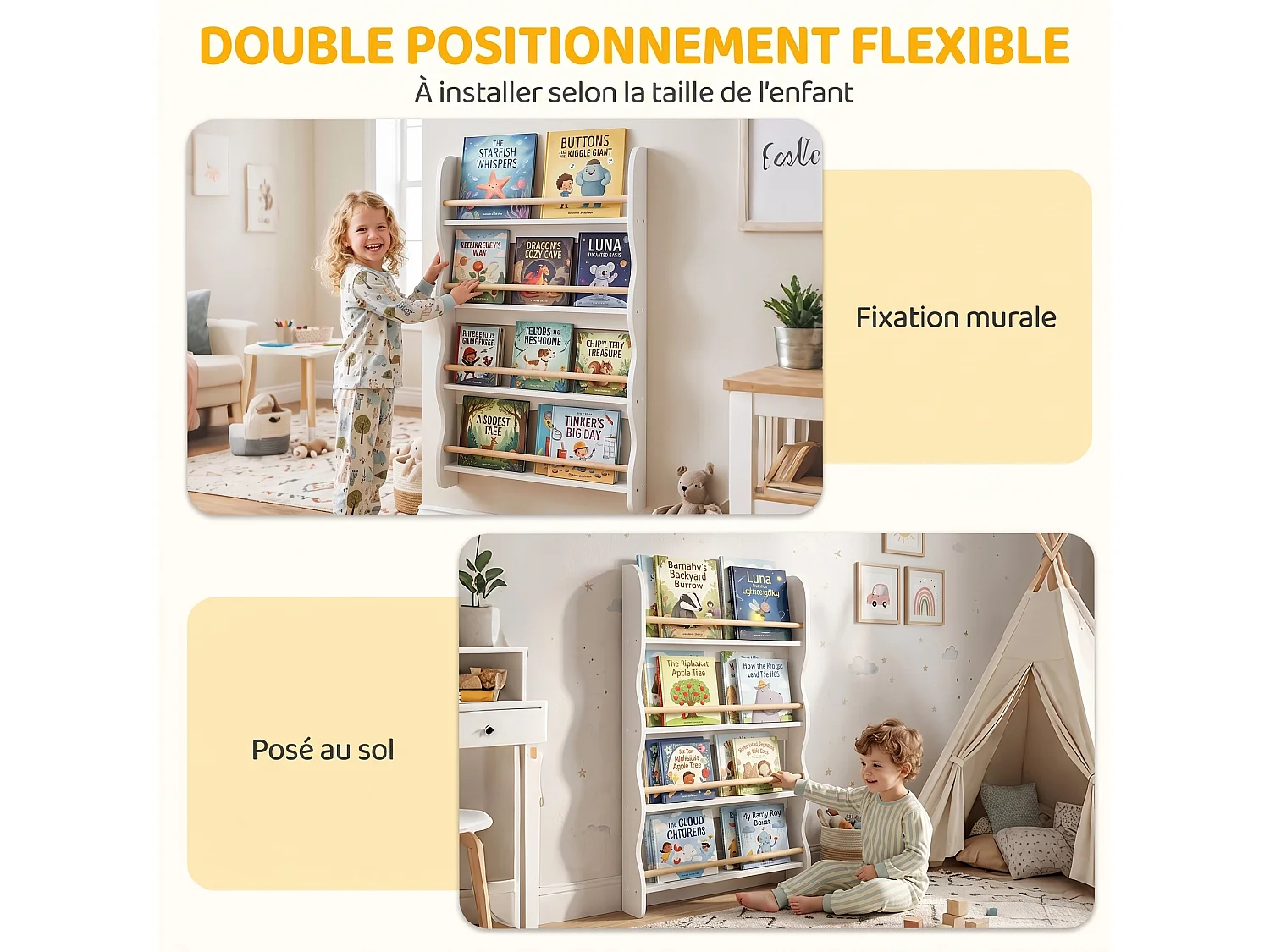 Bibliothèque murale enfant présentoir 4 niveaux bois blanc