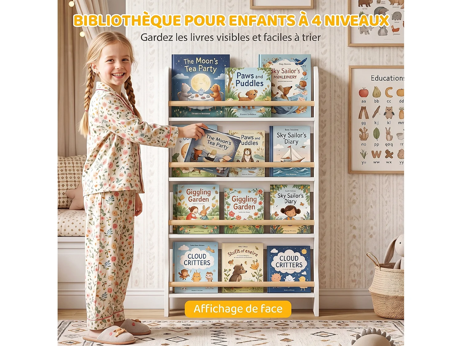 Bibliothèque murale enfant présentoir 4 niveaux bois blanc