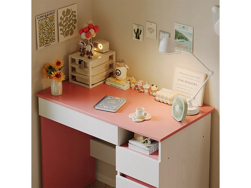 Kinderschreibtisch 90 cm mit rosa Teddybär, Schublade und Ablage