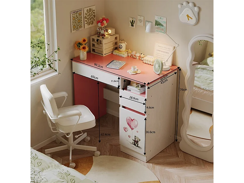 Kinderschreibtisch 90 cm mit rosa Teddybär, Schublade und Ablage