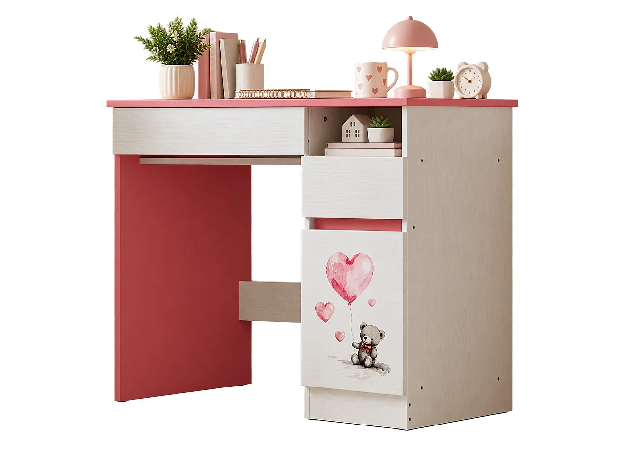 Kinderschreibtisch 90 cm mit rosa Teddybär, Schublade und Ablage