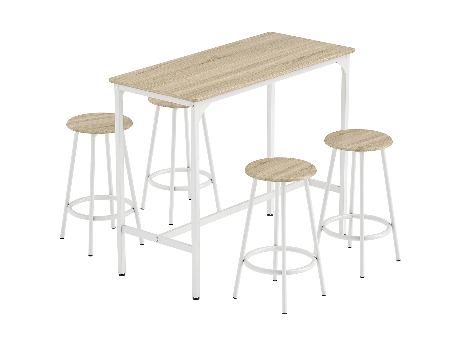 Ensemble table de bar 4 tabourets métal blanc aspect bois clair