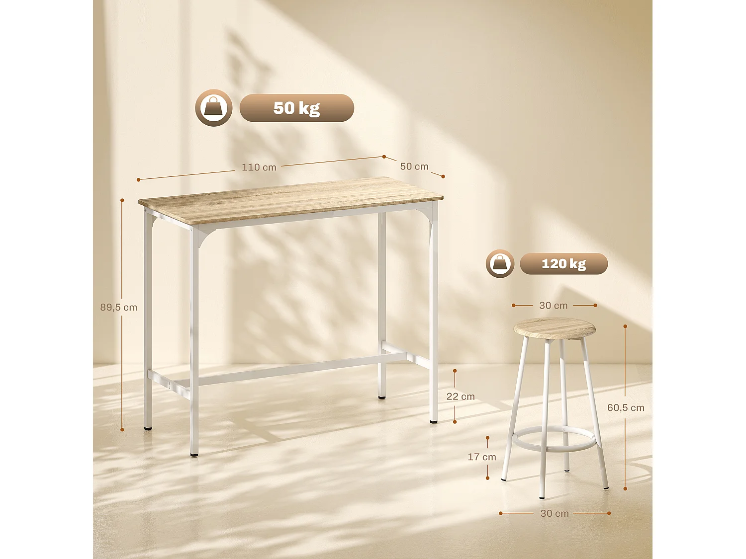 Ensemble table de bar 4 tabourets métal blanc aspect bois clair