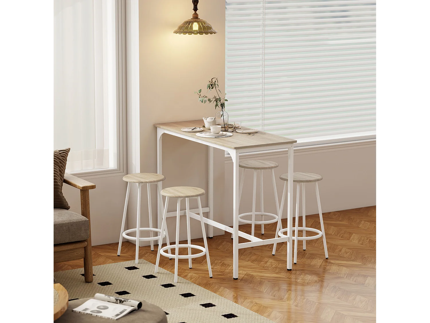 Ensemble table de bar 4 tabourets métal blanc aspect bois clair