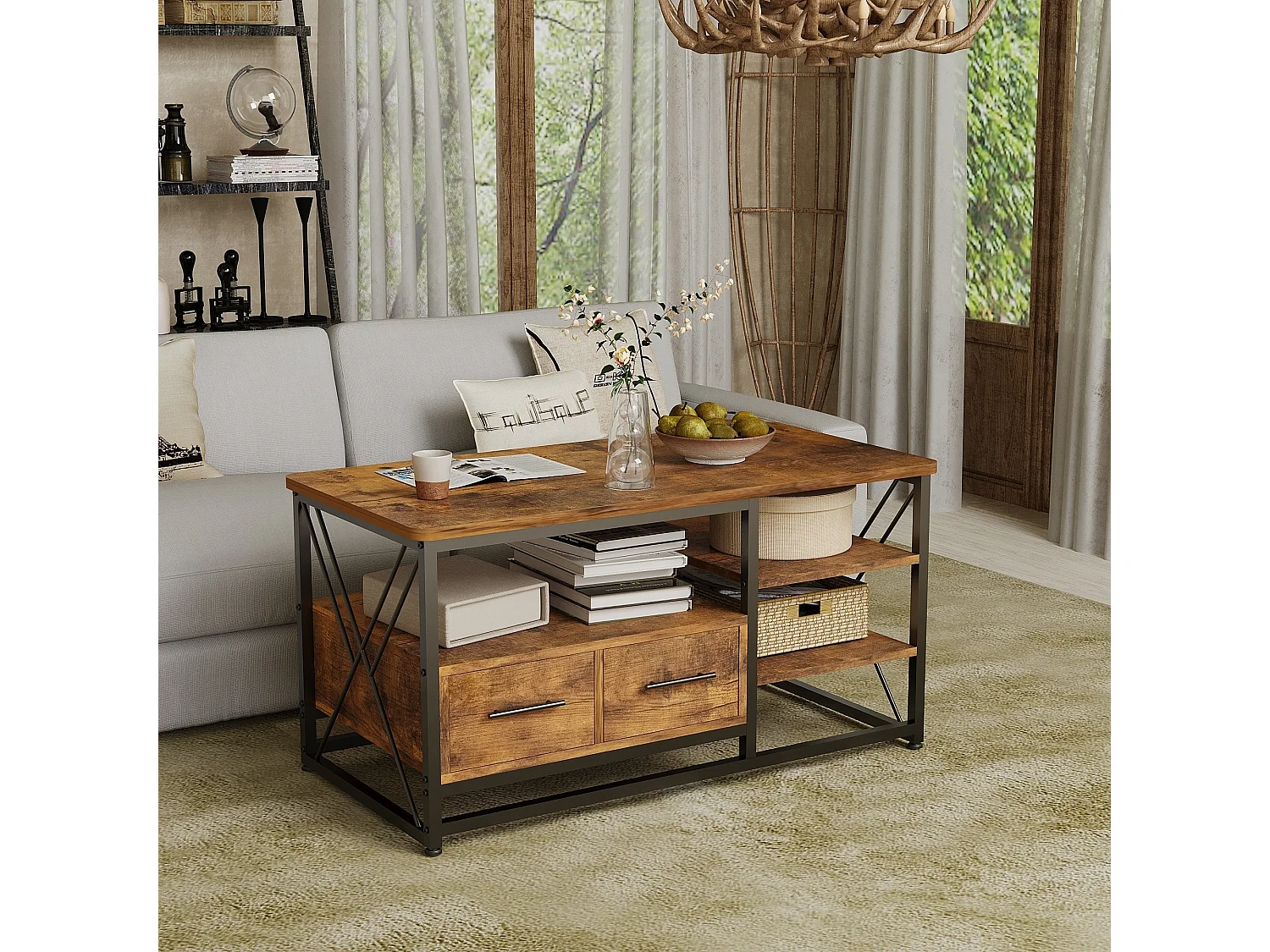 LOFT-COUCHTISCH MIT SCHUBLADEN UND REGALEN – RUSTIKALE EICHE 100 CM