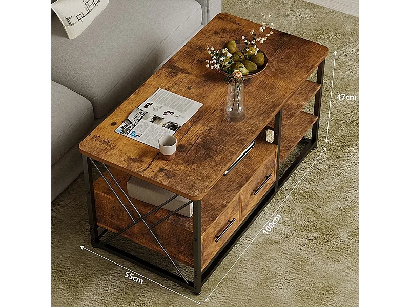 LOFT-COUCHTISCH MIT SCHUBLADEN UND REGALEN – RUSTIKALE EICHE 100 CM