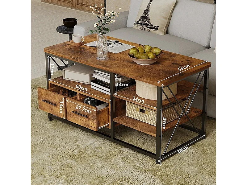 LOFT-COUCHTISCH MIT SCHUBLADEN UND REGALEN – RUSTIKALE EICHE 100 CM