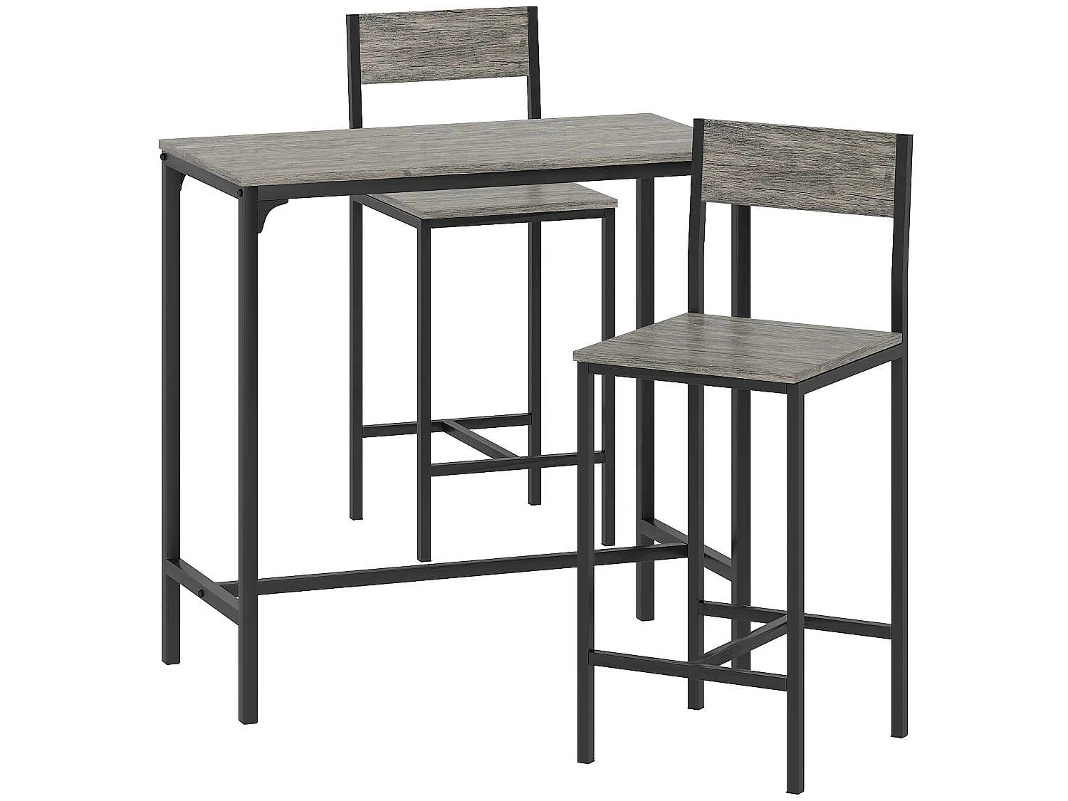 Ensemble table de bar 2 tabourets métal noir effet bois gris