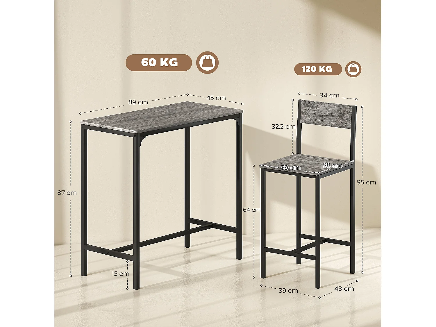 Ensemble table de bar 2 tabourets métal noir effet bois gris