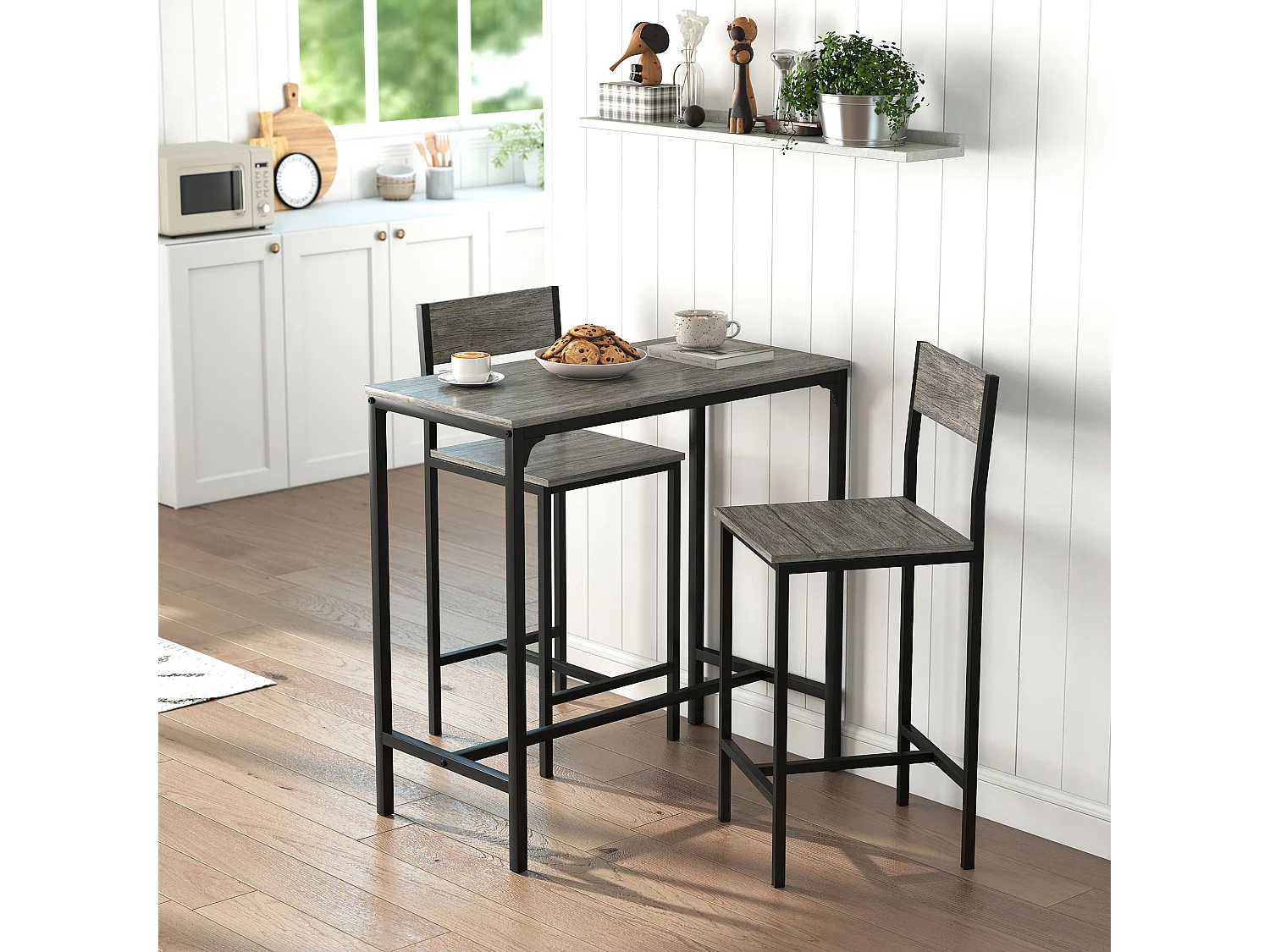 Ensemble table de bar 2 tabourets métal noir effet bois gris
