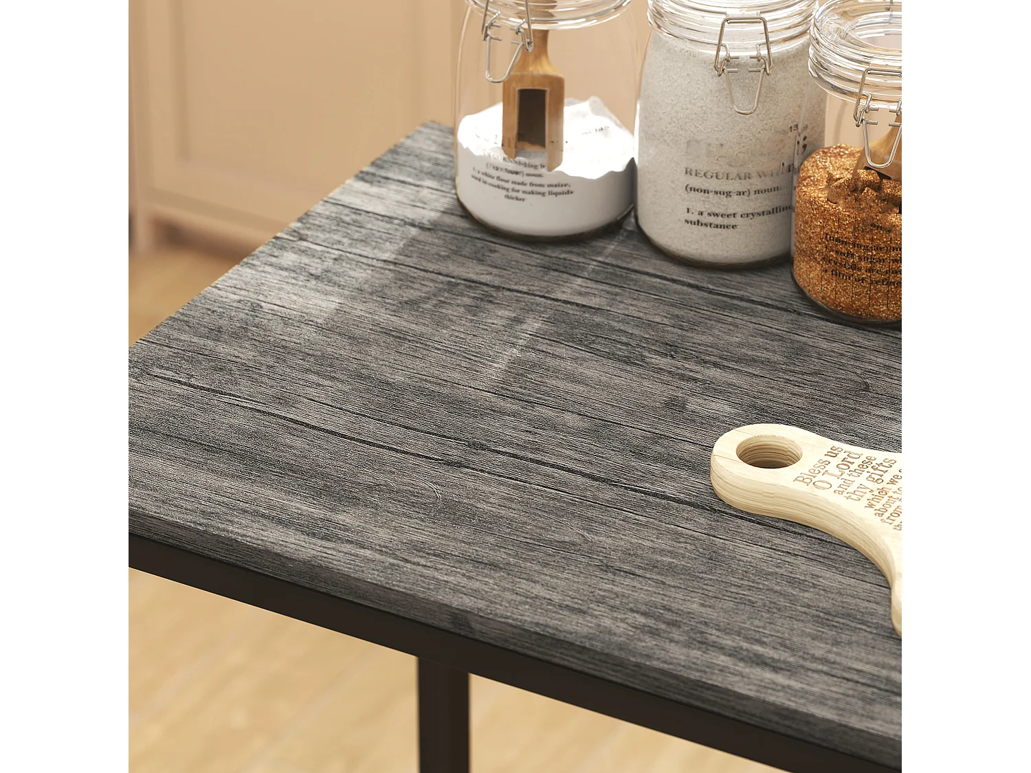 Ensemble table de bar 2 tabourets métal noir effet bois gris