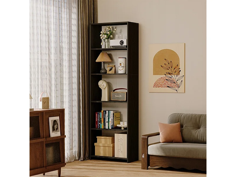 Bibliothèque moderne style loft avec 5 étagères, haute, noire, pour le salon
