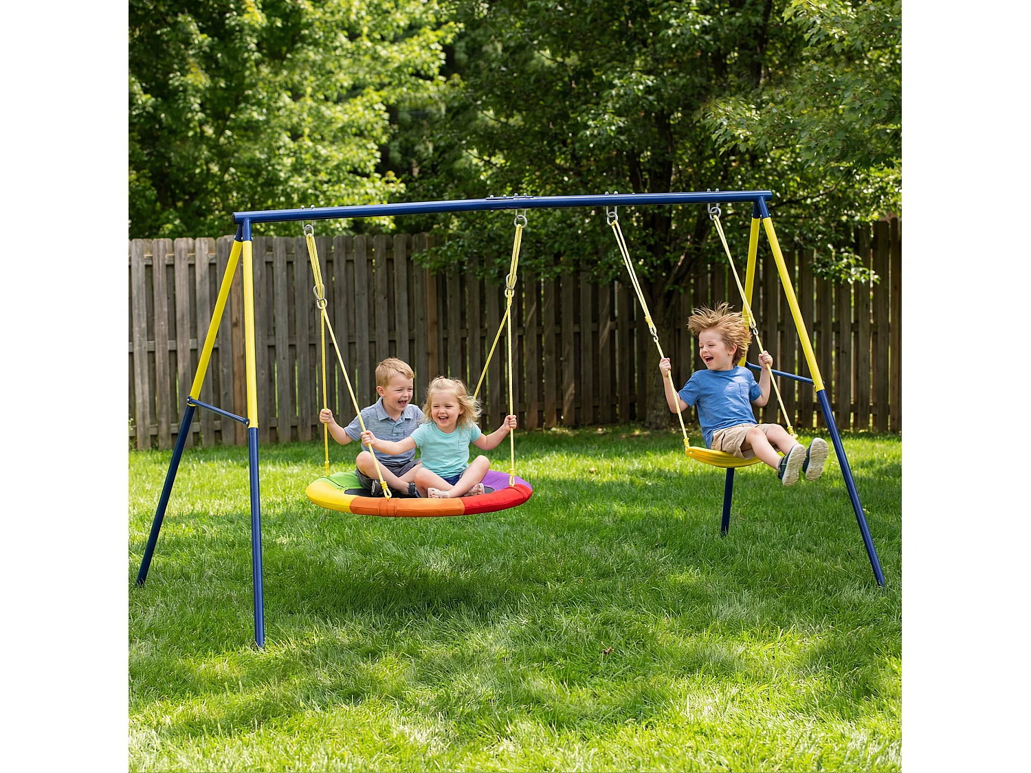 Balançoire portique pour enfant 3 à 8 ans cadre acier jaune bleu