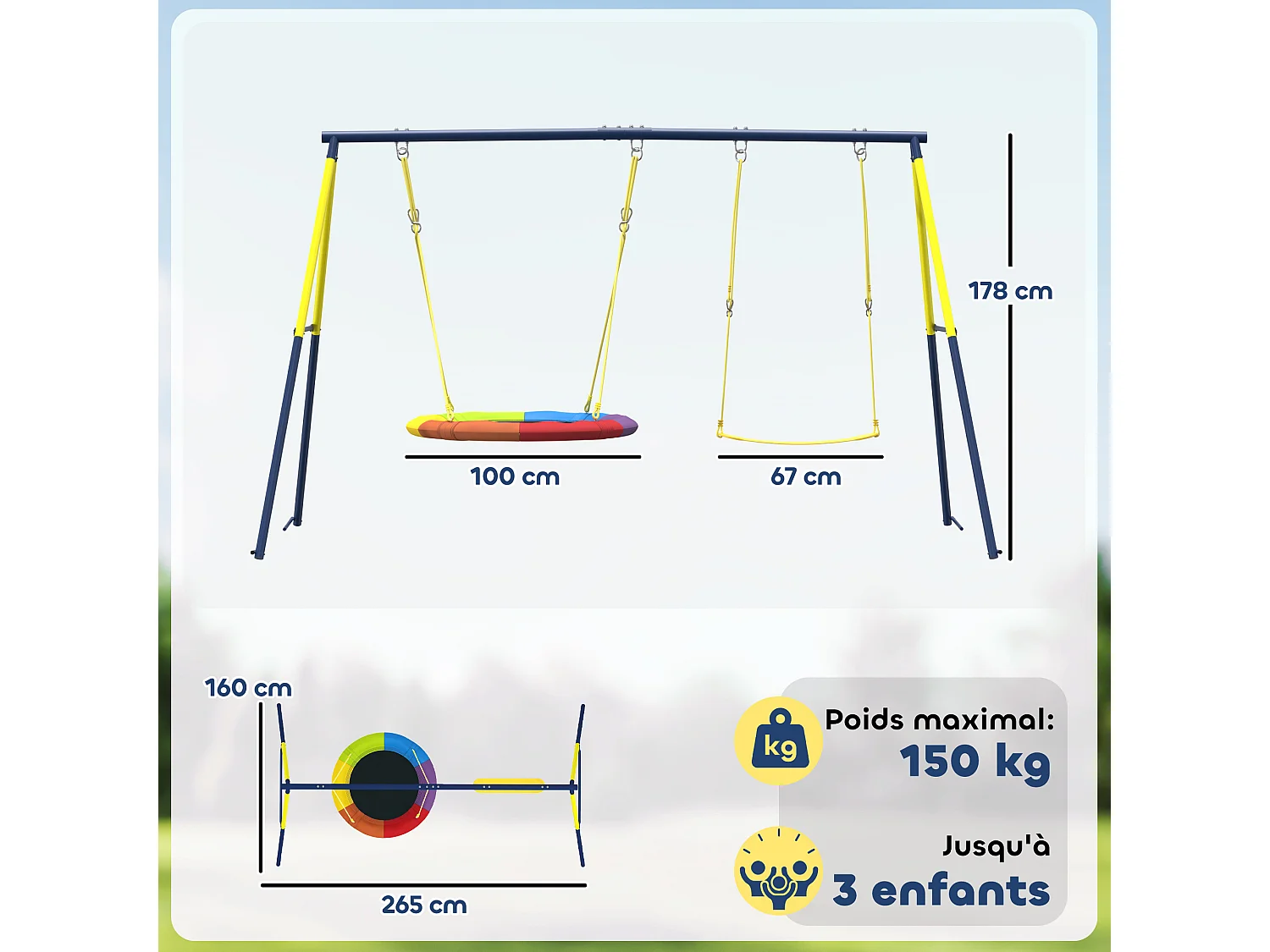Balançoire portique pour enfant 3 à 8 ans cadre acier jaune bleu