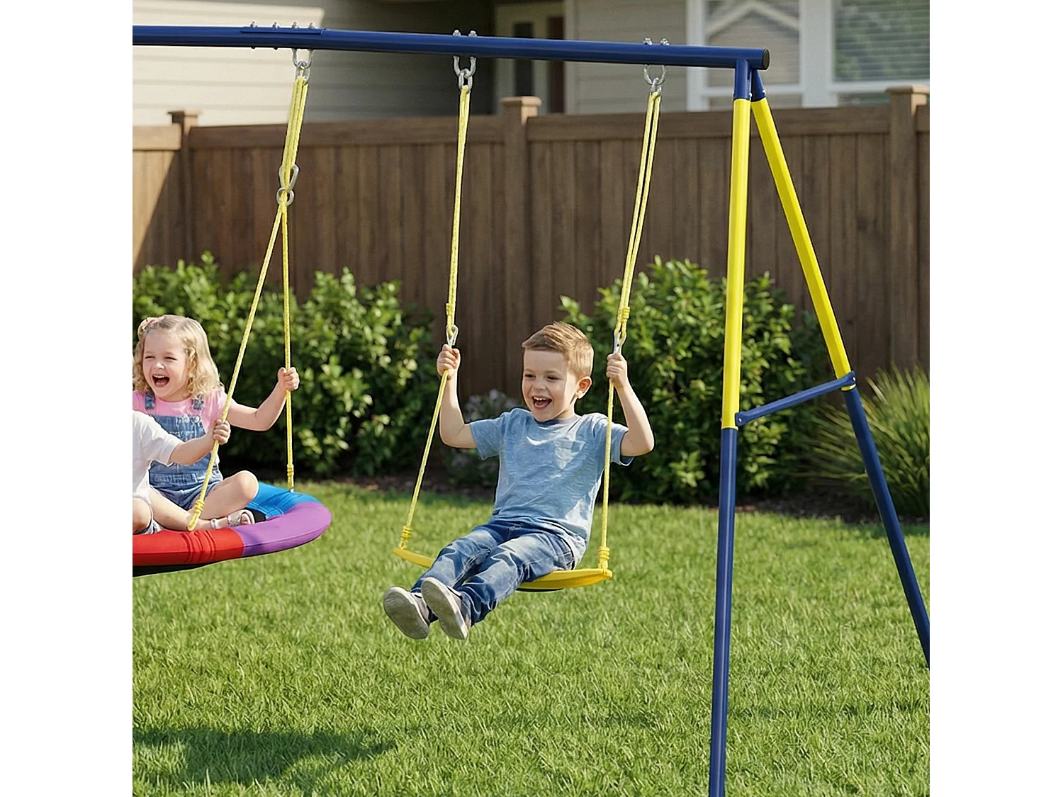 Balançoire portique pour enfant 3 à 8 ans cadre acier jaune bleu