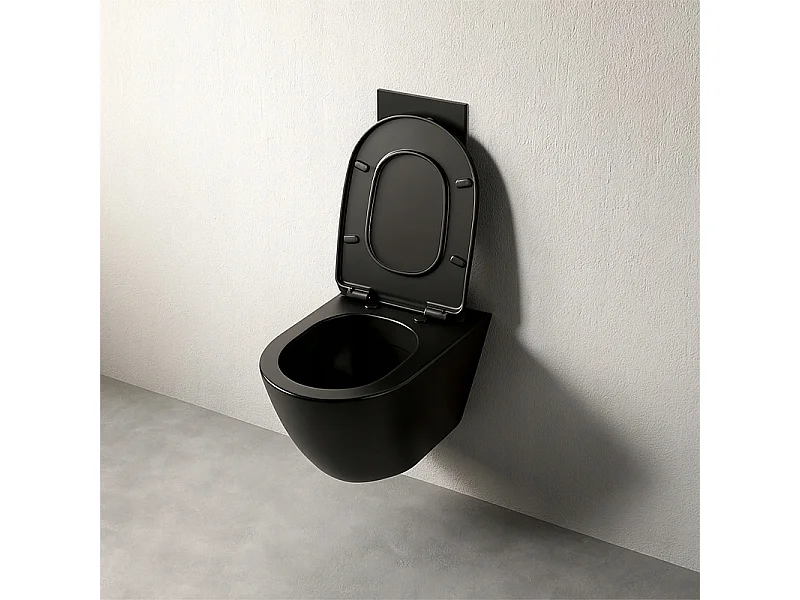 Czarna miska wc podwieszana rimless 49 × 36 × 33 cm z deską wolnoopadającą