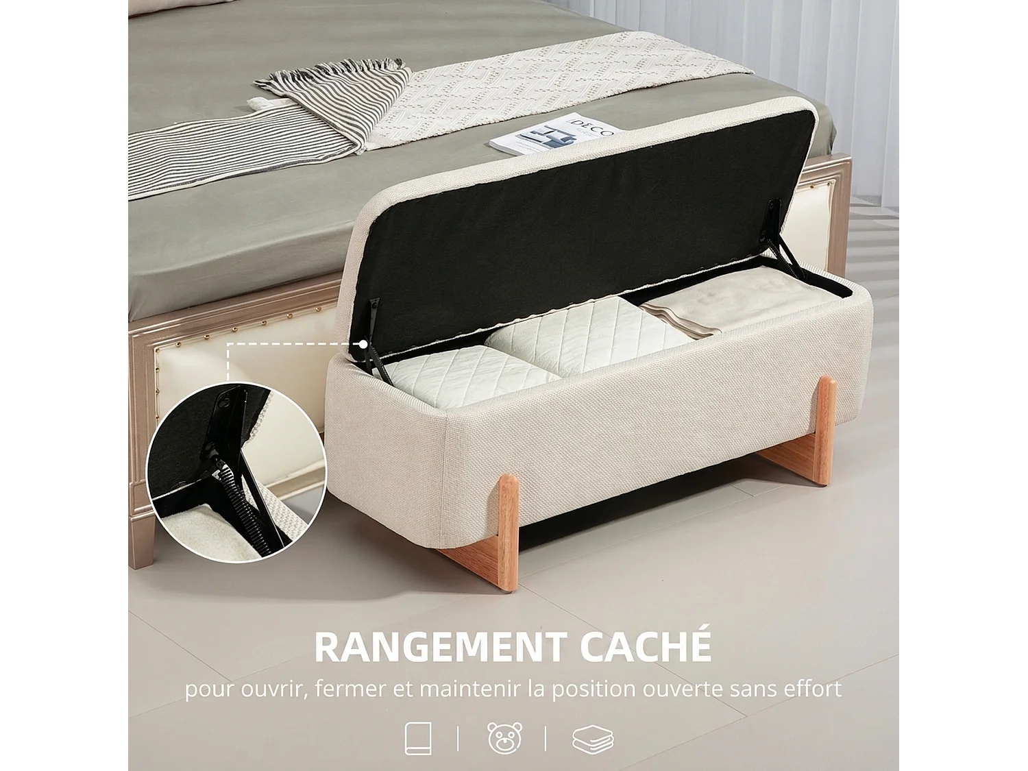 Banquette coffre design bois tissu toucher lin crème