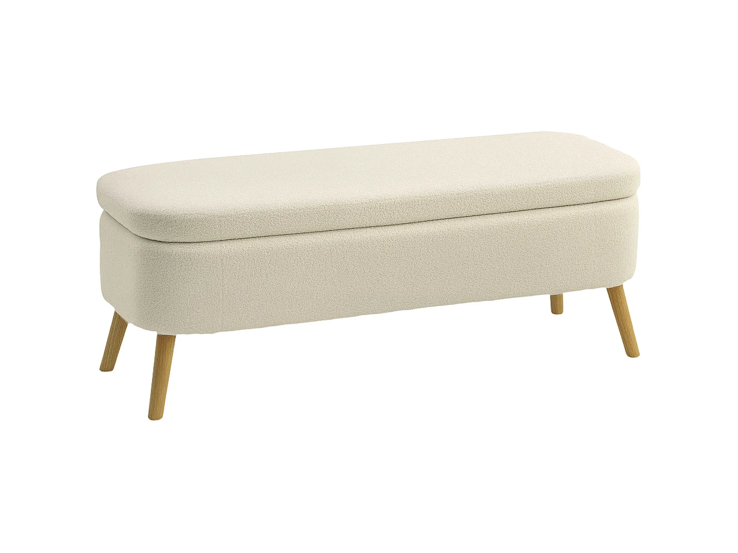 Banquette coffre de rangement style nordique bouclette piètement bois beige clair
