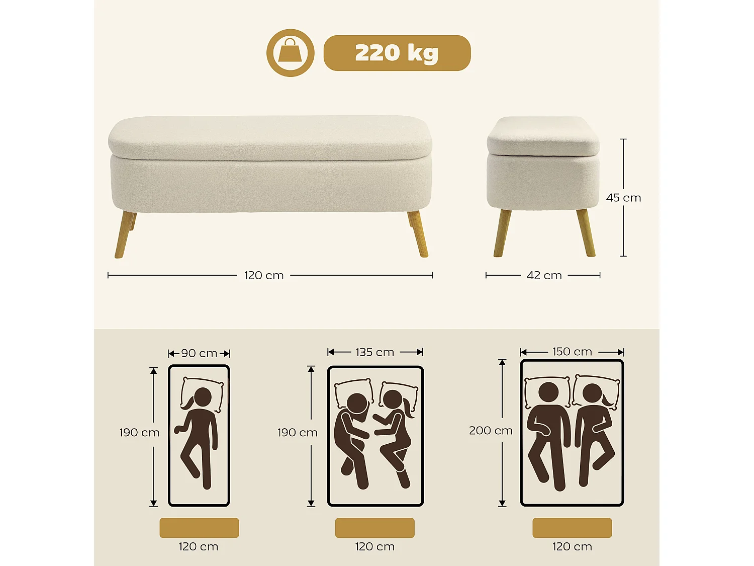 Banquette coffre de rangement style nordique bouclette piètement bois beige clair
