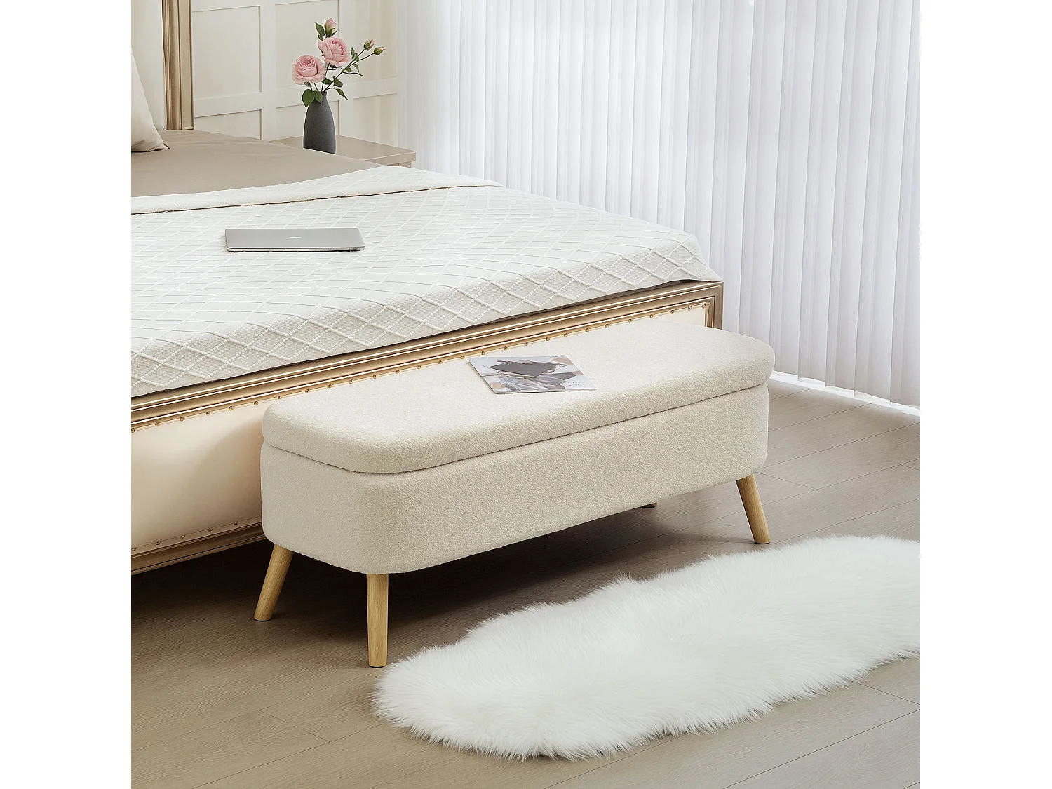 Banquette coffre de rangement style nordique bouclette piètement bois beige clair