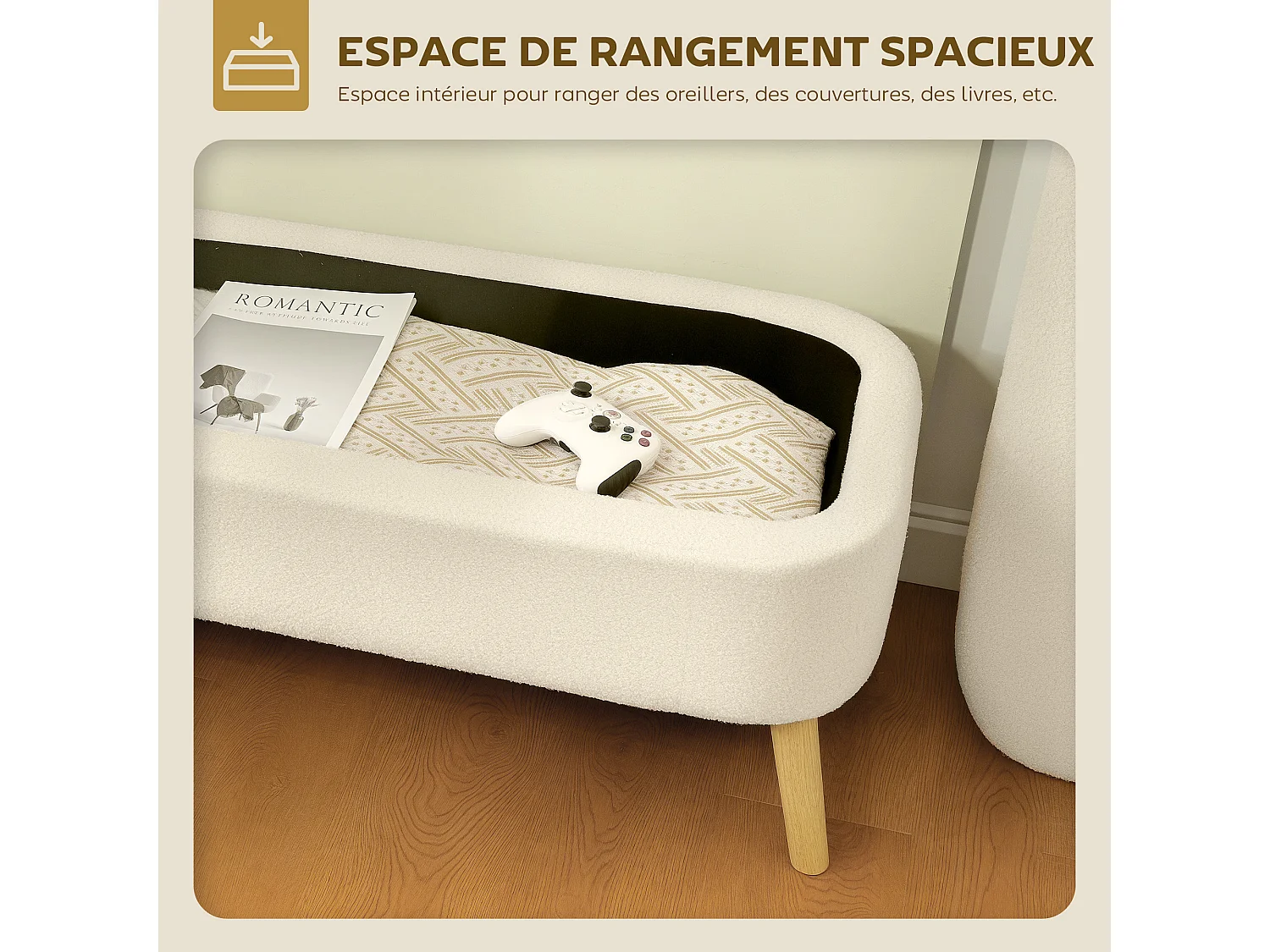 Banquette coffre de rangement style nordique bouclette piètement bois beige clair