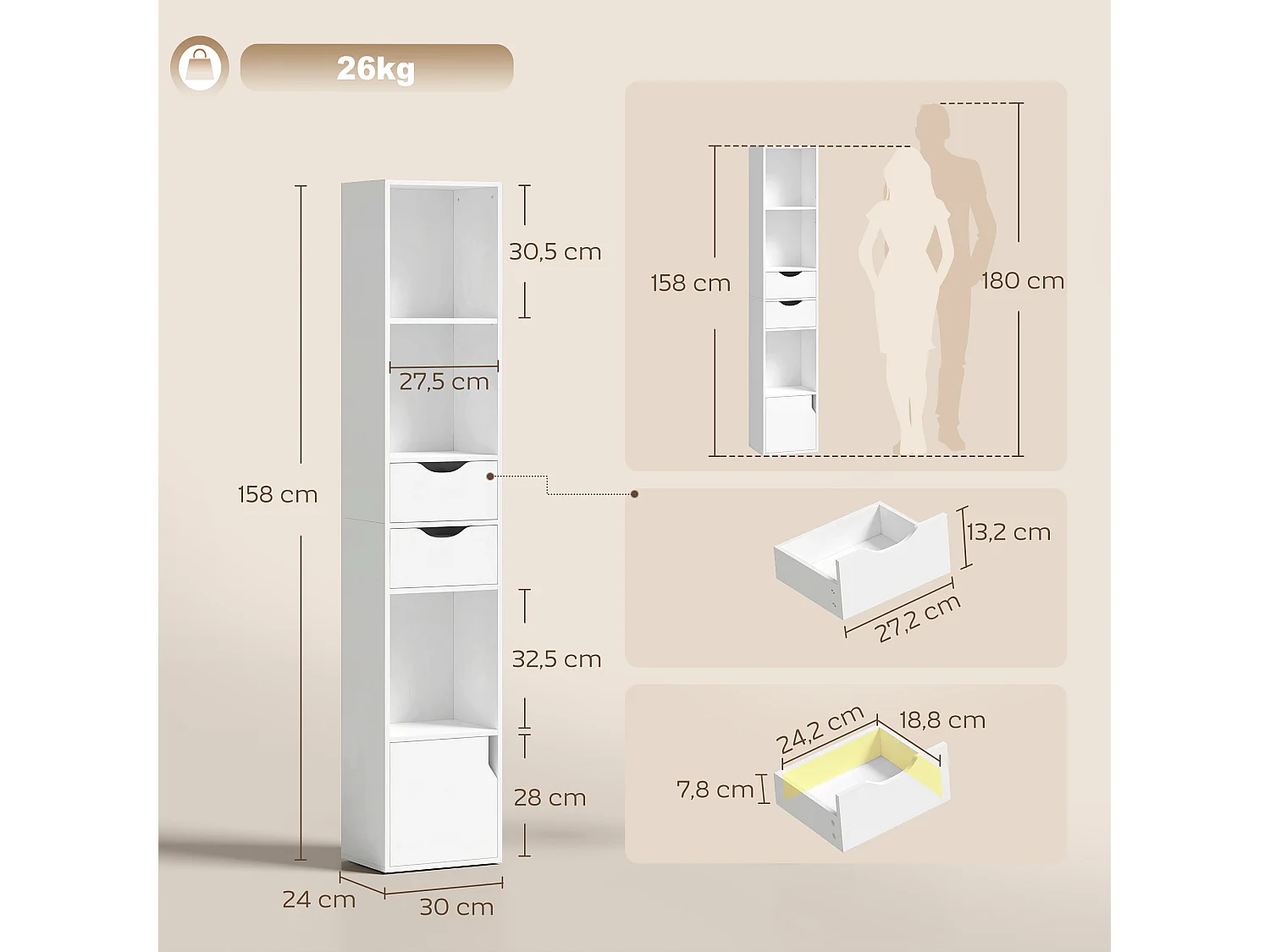 Bibliothèque colonne multi-rangement porte 3 niches 2 tiroirs blanc