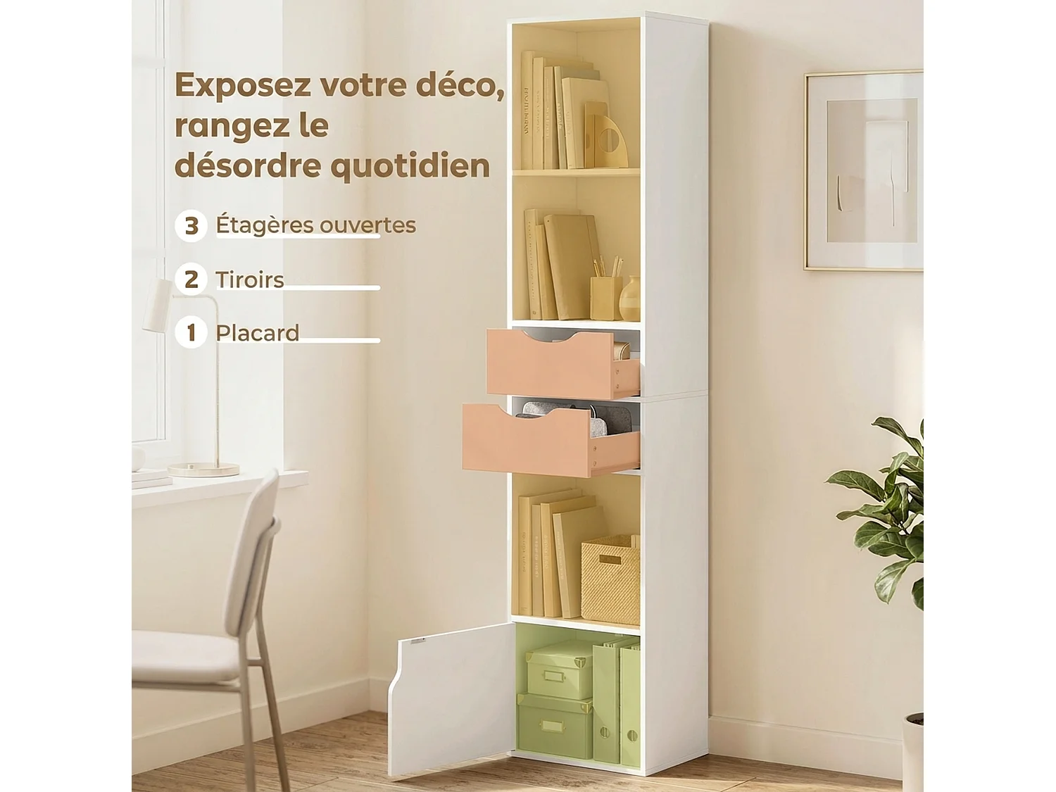 Bibliothèque colonne multi-rangement porte 3 niches 2 tiroirs blanc
