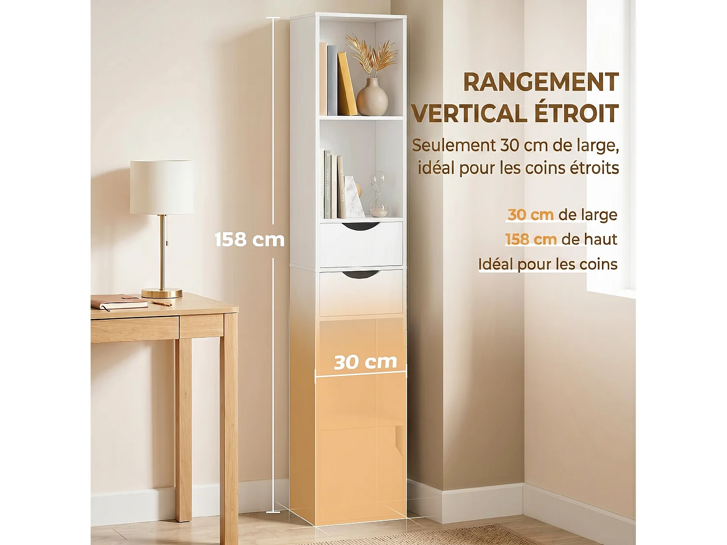 Bibliothèque colonne multi-rangement porte 3 niches 2 tiroirs blanc