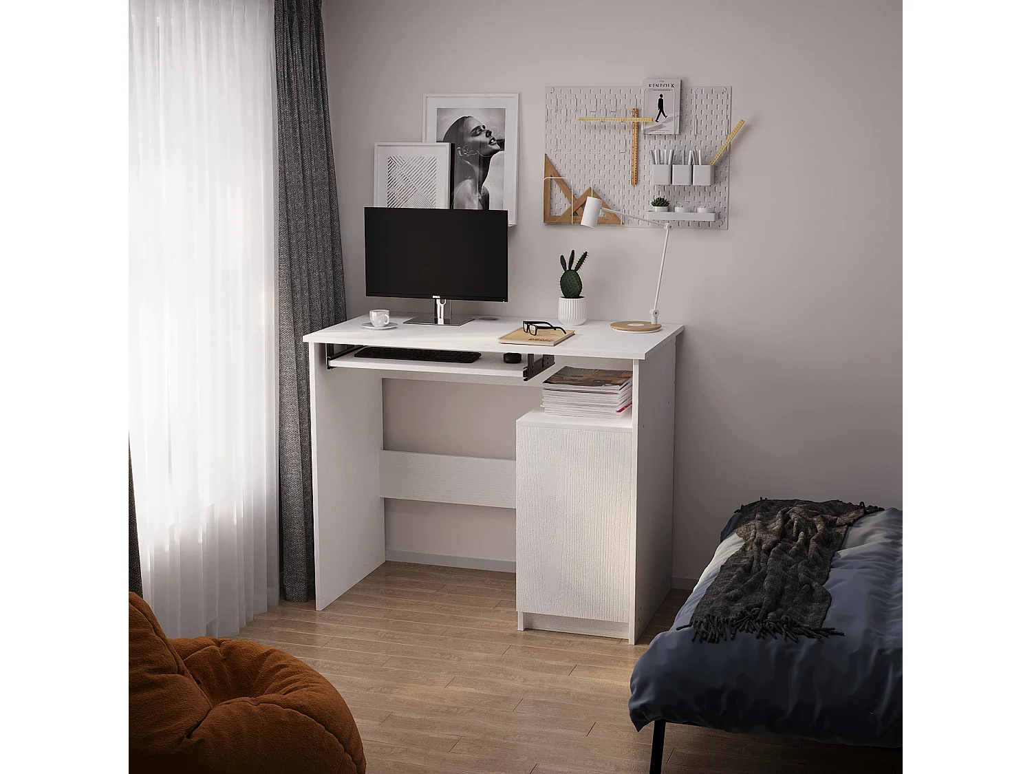 Nowoczesne biurko komputerowe z półką pod klawiaturę białe z szafką loft