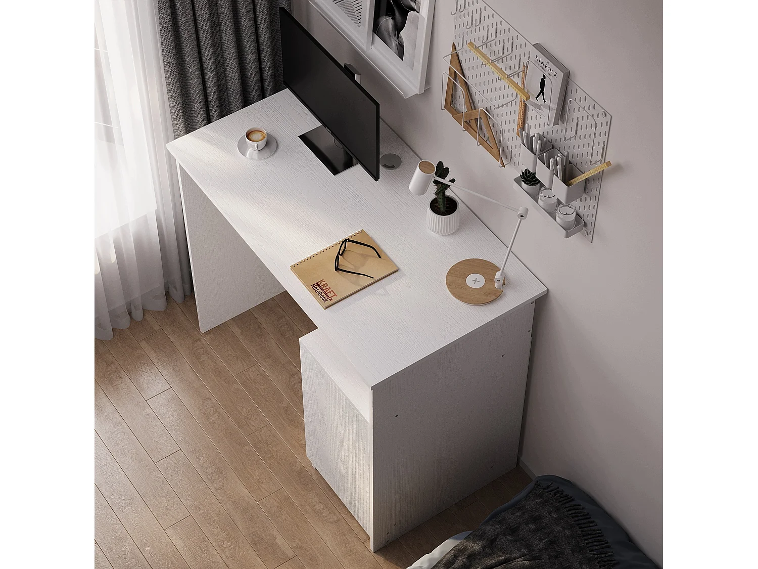 Nowoczesne biurko komputerowe z półką pod klawiaturę białe z szafką loft