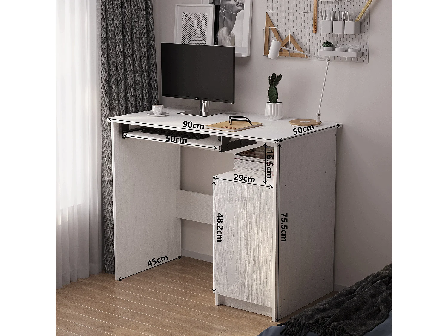 Nowoczesne biurko komputerowe z półką pod klawiaturę białe z szafką loft
