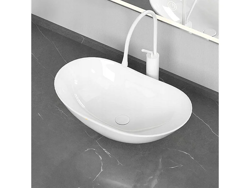 Biała umywalka nablatowa ceramiczna owalna 605x360x150 mm