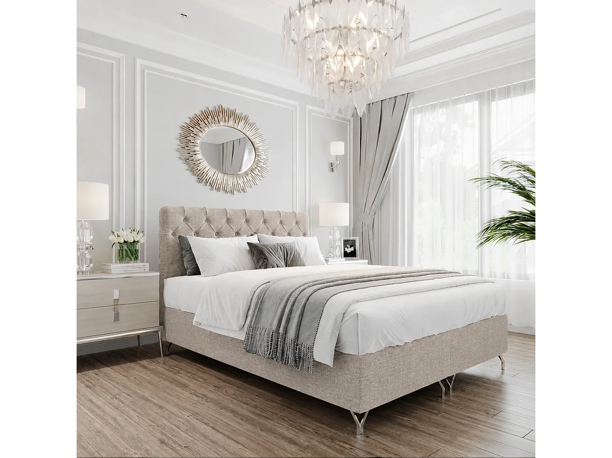 Boxspringbed GracePLUS-160x200cm met opbergbakken|Topper|Tweepersoonsbed|Gestoffeerd|Glamour|Vintage|met zilverkleurige poten 12 cm-Cappuccino