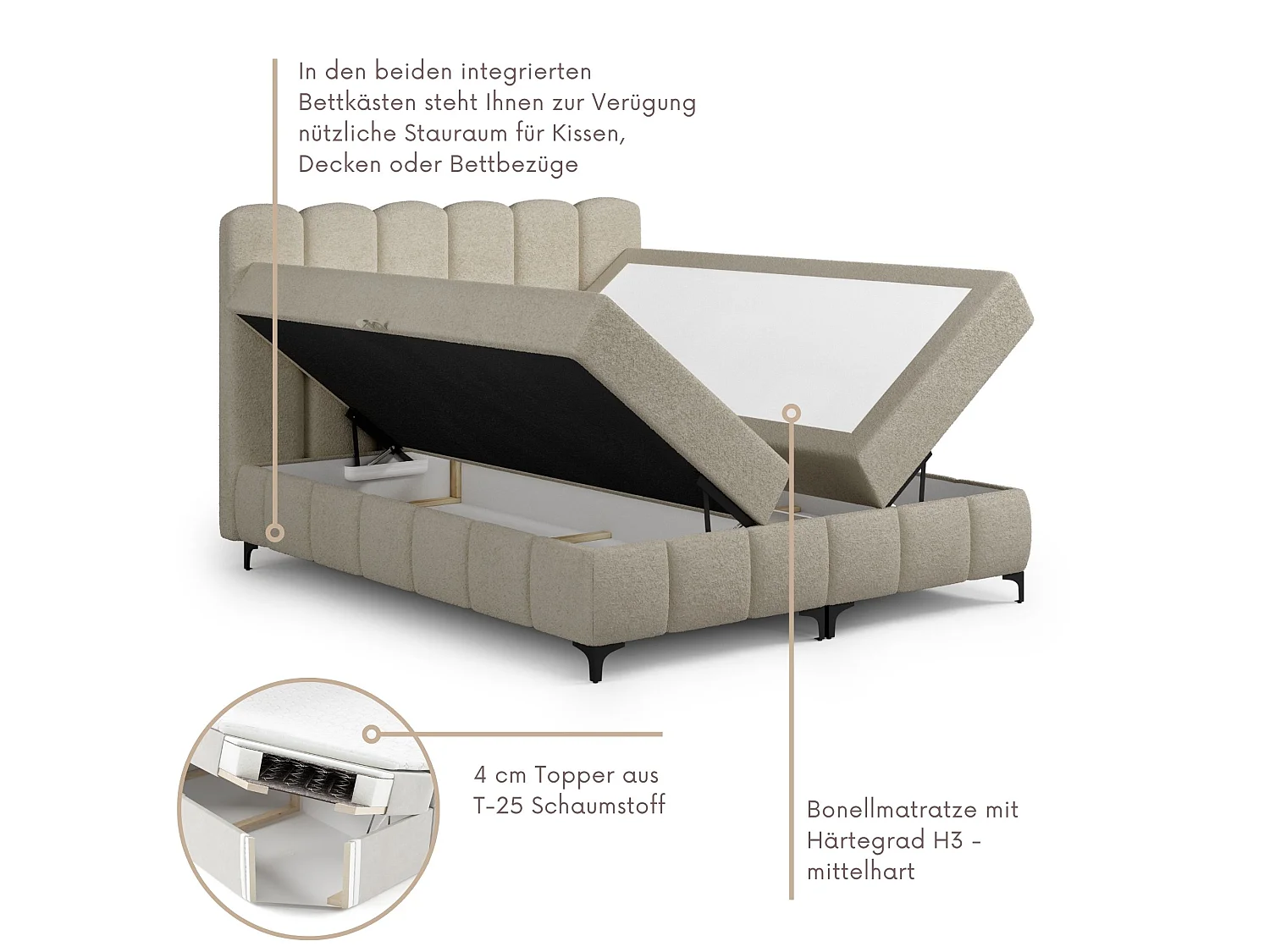 FURNISTAR Boxspringbed TINA 180x200 met matras en opbergruimte-Tweepersoonsbed,familiebed met topper,Bubble-bed,gestoffeerd bed- Beige