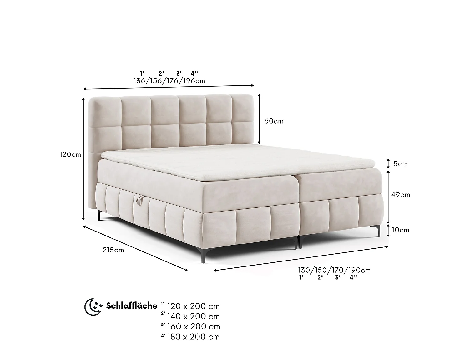 Boxspringbed CINDY 180x200 met opbergbakken en topper |Tweepersoonsbed|Bonellmatras|Gestoffeerd bed|Bedframe|Slaapkamer- Beige