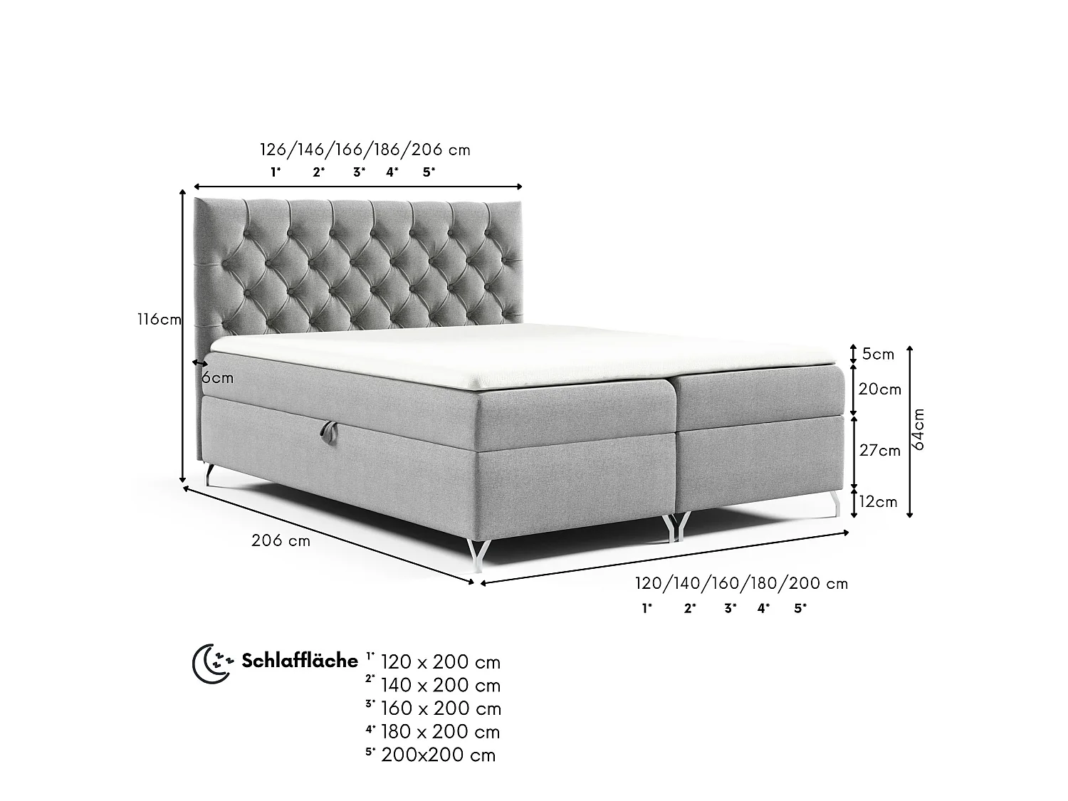 Boxspringbed GracePLUS-160x200cm met opbergbakken|Topper|Tweepersoonsbed|Gestoffeerd|Glamour|Vintage|met zilverkleurige poten 12 cm-Grijs
