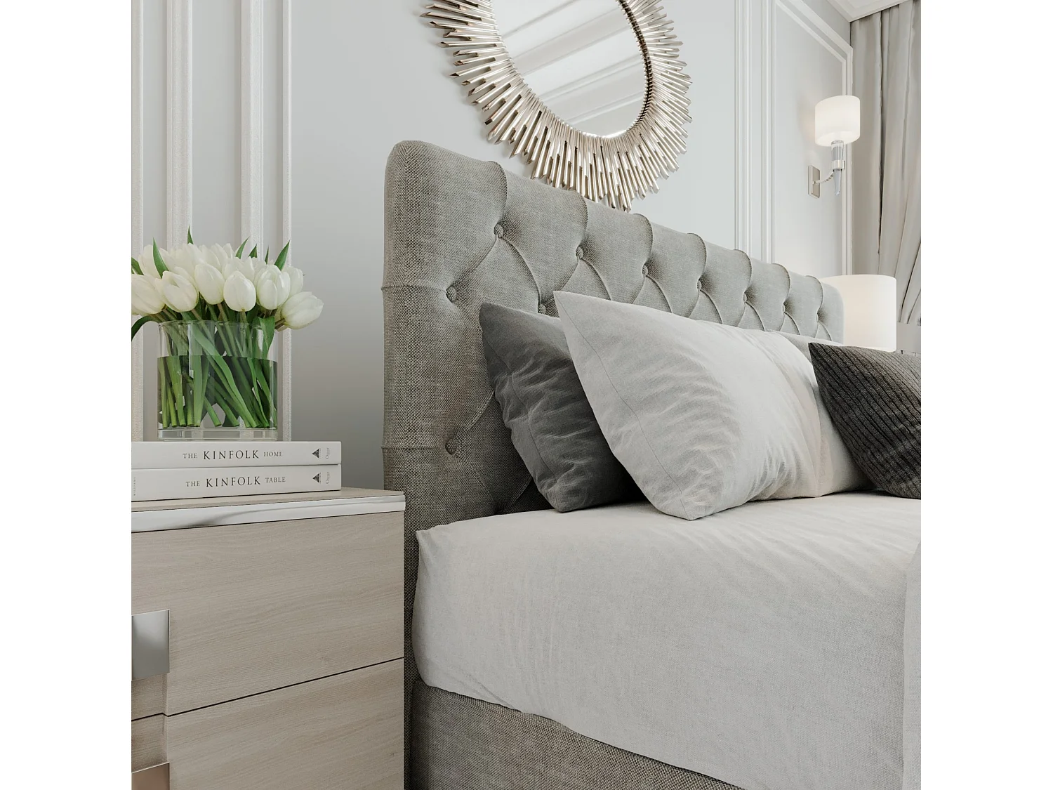 Boxspringbed GracePLUS-160x200cm met opbergbakken|Topper|Tweepersoonsbed|Gestoffeerd|Glamour|Vintage|met zilverkleurige poten 12 cm-Grijs