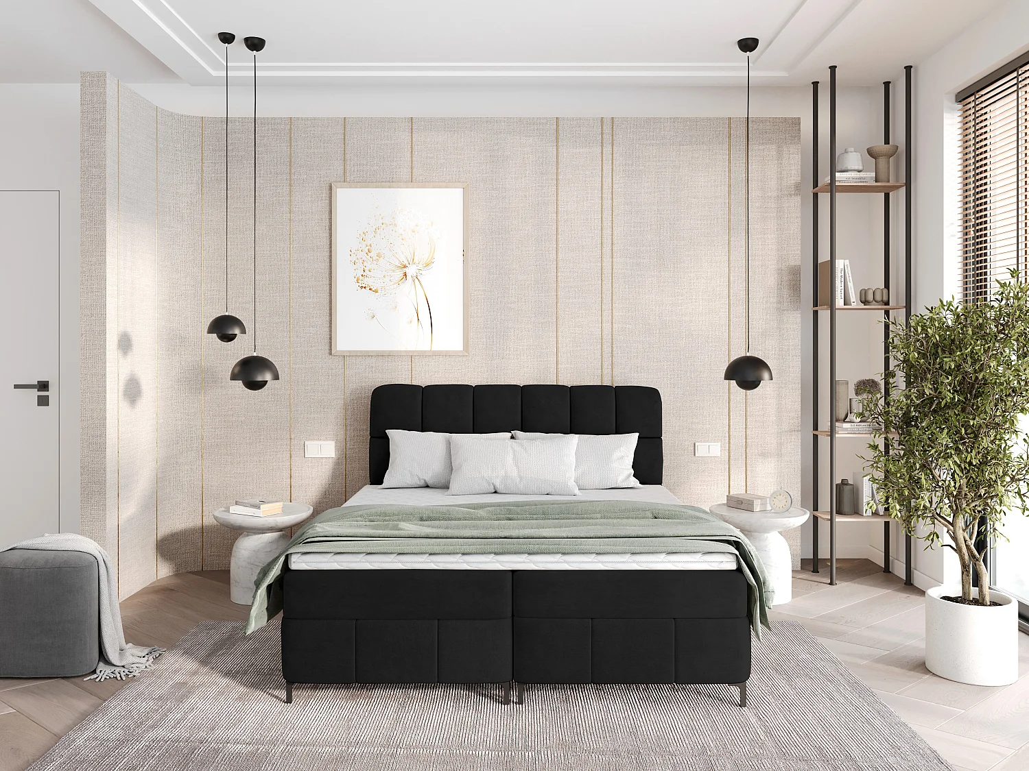 Boxspringbed CINDY 160x200 met opbergbakken en topper |Tweepersoonsbed|Bonellmatras|Gestoffeerd bed|Bedframe|Slaapkamer- Zwart