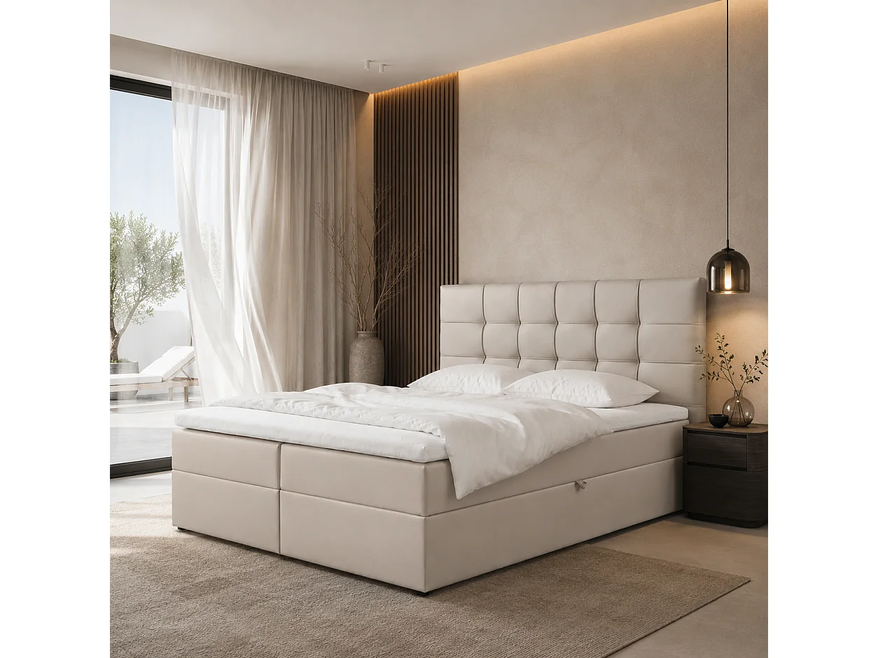 Boxspringbed LEO-140x200cm met opbergbakken|Bonellmatras|Topper|Tweepersoonsbed|Gestoffeerd bed|Kunstleer-Beige