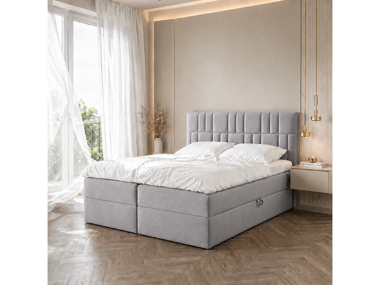 Boxspringbed TEO1 180x200 met opbergbakken|Topper|Tweepersoonsbed|Bonellmatras|Gestoffeerd bed|Bed|Slaapkamer-Lichtgrijs