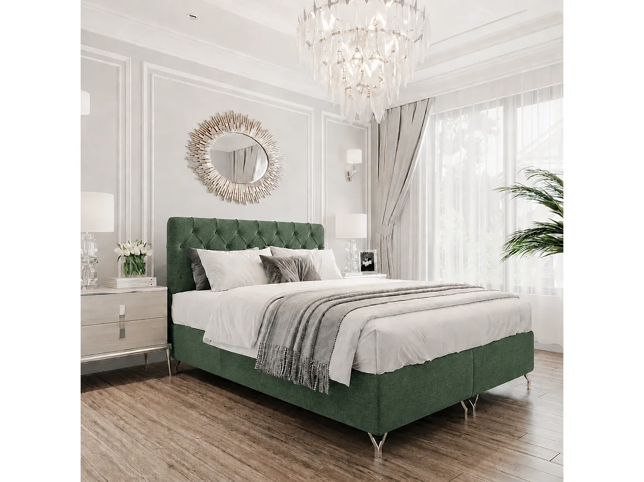 Boxspringbed GracePLUS-120x200cm met opbergbakken|Topper|Tweepersoonsbed|Gestoffeerd|Glamour|Vintage|met zilverkleurige poten 12 cm-Groen