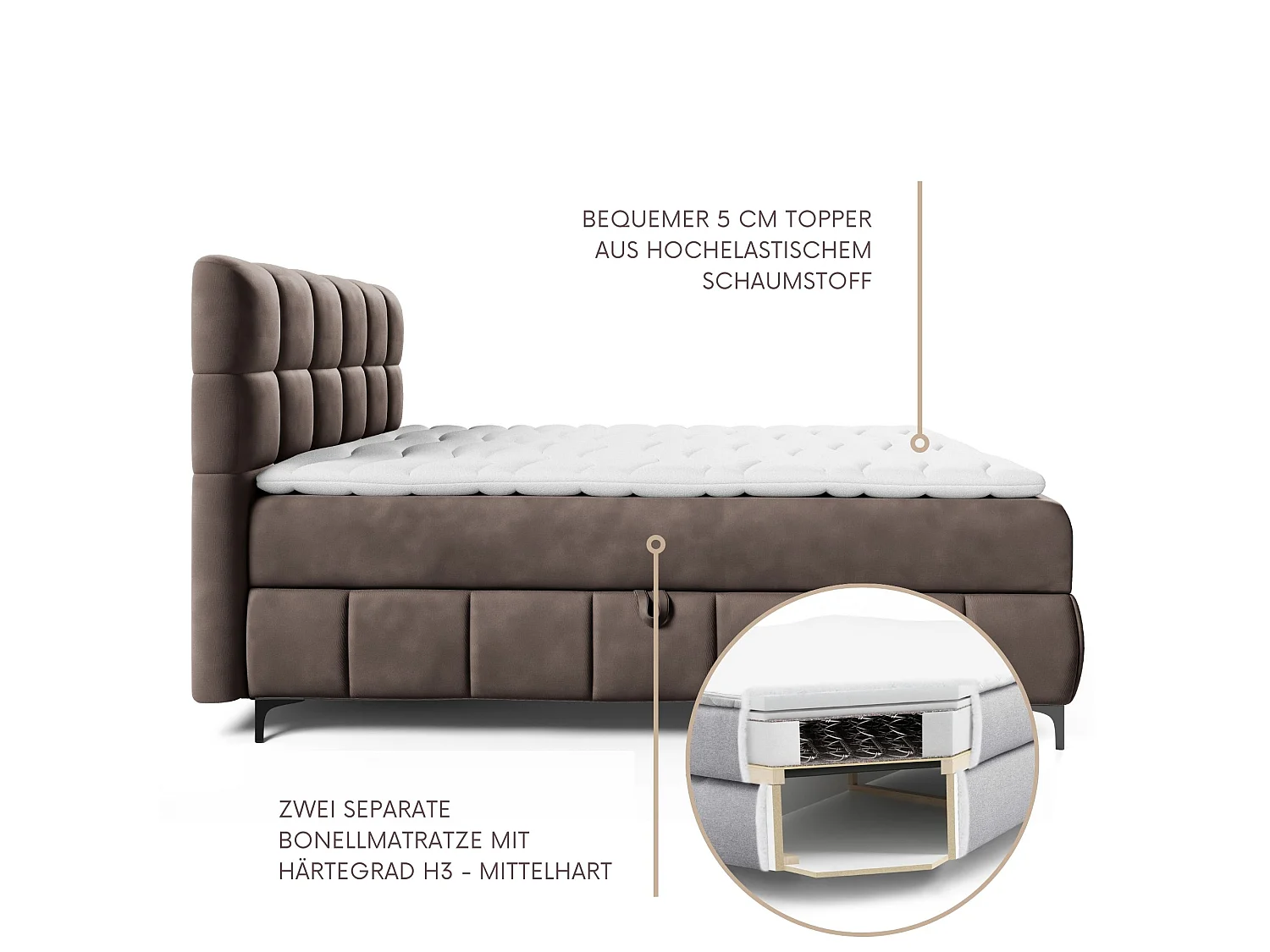 Boxspringbed CINDY 160x200 met opbergbakken en topper |Tweepersoonsbed|Bonellmatras|Gestoffeerd bed|Bedframe|Slaapkamer- Bruin
