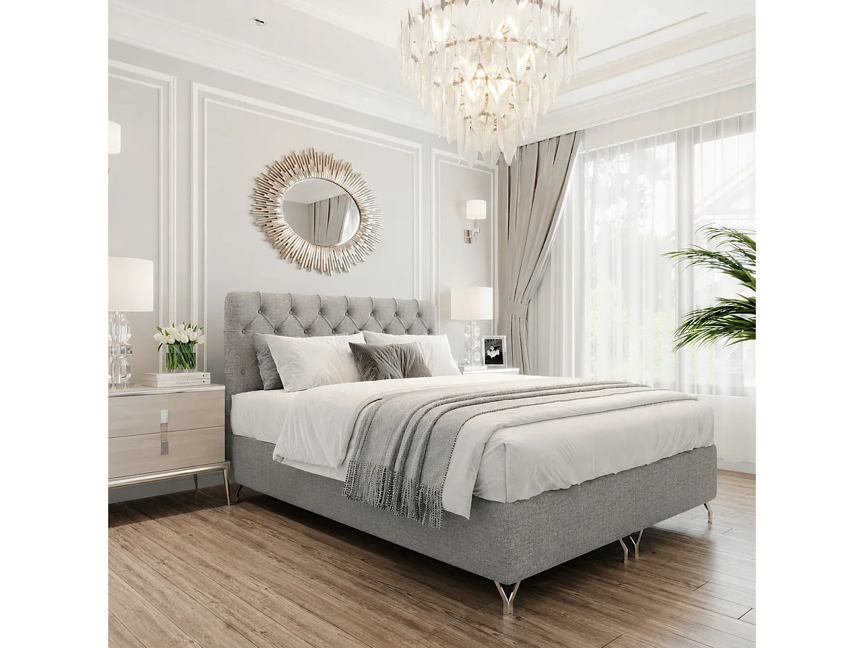 Boxspringbed GracePLUS-180x200cm met opbergbakken|Topper|Tweepersoonsbed|Gestoffeerd|Glamour|Vintage|met zilverkleurige poten 12 cm-Grijs