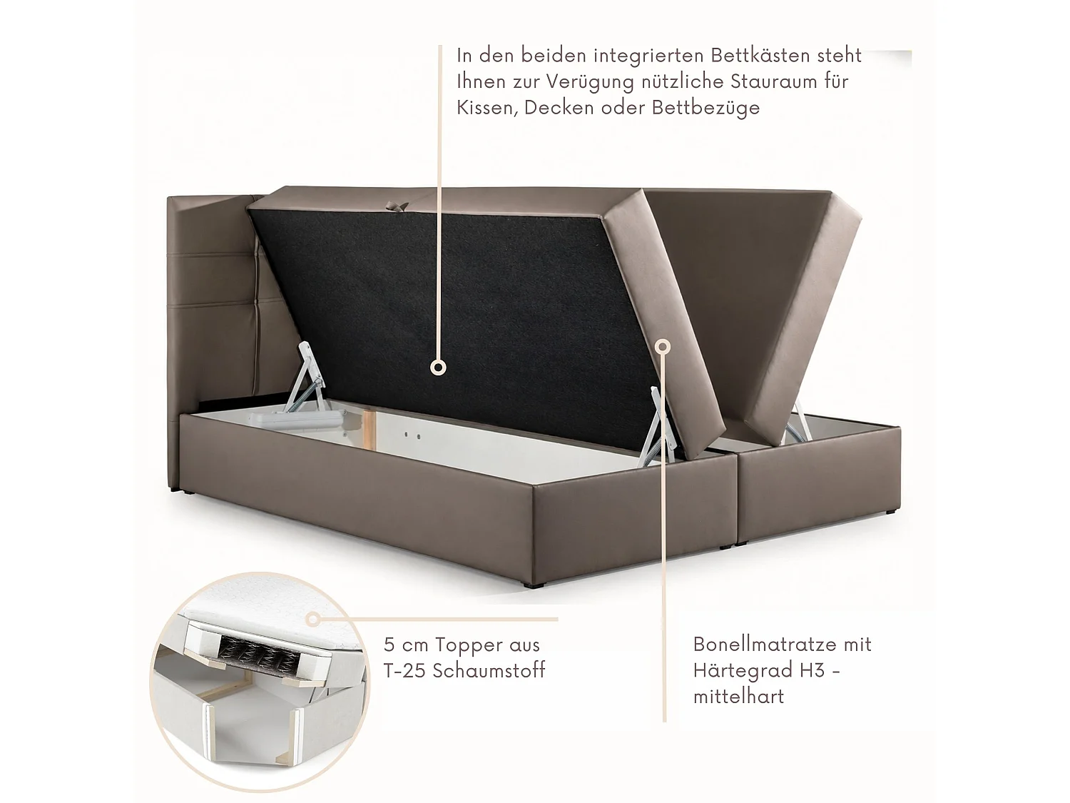 Boxspringbed LEO-160x200cm met opbergbakken|Bonellmatras|Topper|Tweepersoonsbed|Gestoffeerd bed|Kunstleer-Bruin
