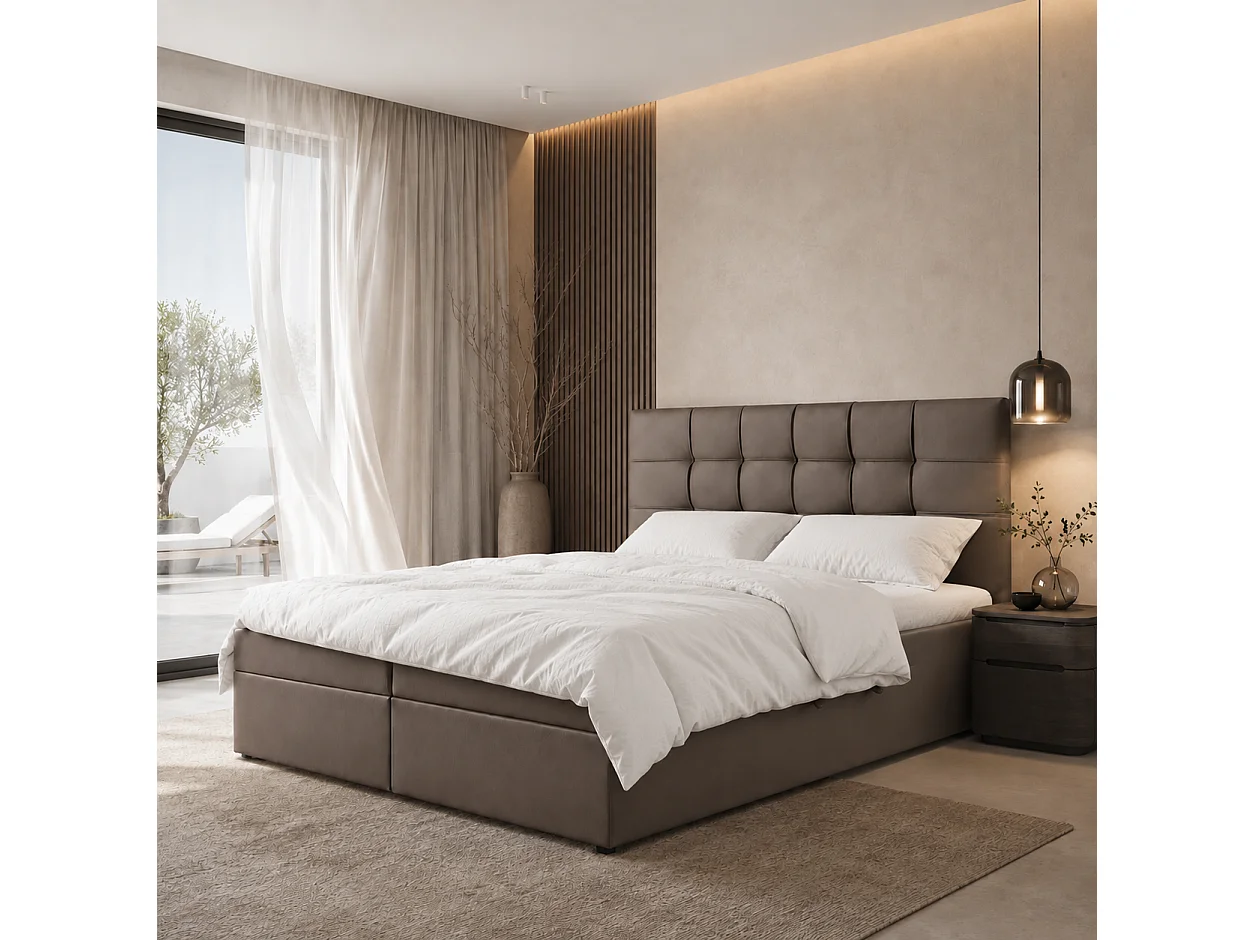 Boxspringbed LEO-160x200cm met opbergbakken|Bonellmatras|Topper|Tweepersoonsbed|Gestoffeerd bed|Kunstleer-Bruin