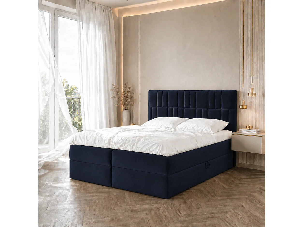 Boxspringbed TEO1 160x200 met opbergbakken|Topper|Tweepersoonsbed|Bonellmatras|Gestoffeerd bed|Bed|Slaapkamer-Donkerblauw
