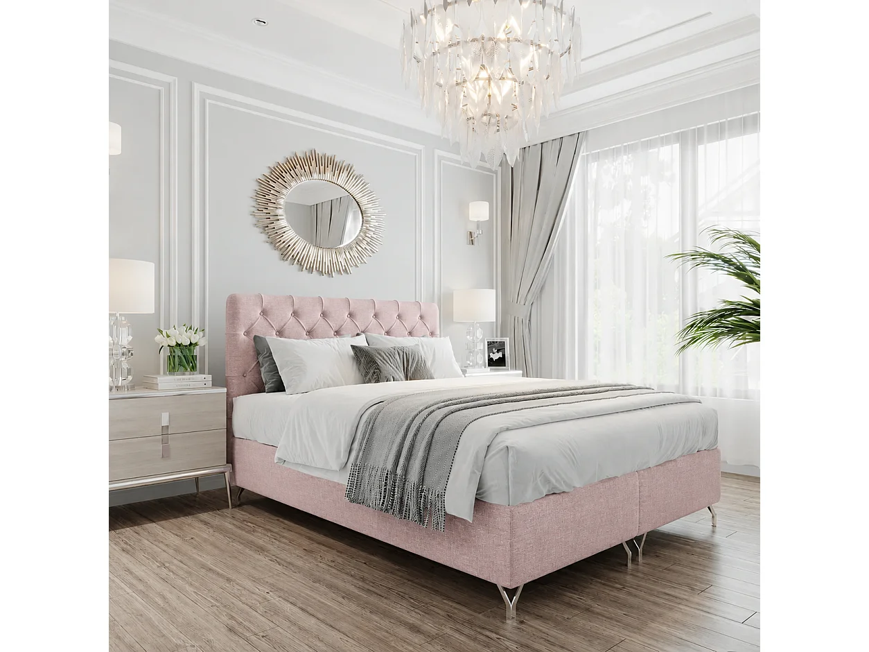 Boxspringbed GracePLUS-160x200cm met opbergbakken|Topper|Tweepersoonsbed|Gestoffeerd|Glamour|Vintage|met zilverkleurige poten 12 cm-Roze